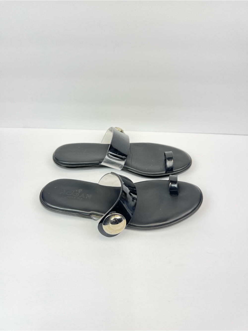 Hogan Black Slide Sandals with Silver Detail Size 7.5 Leather